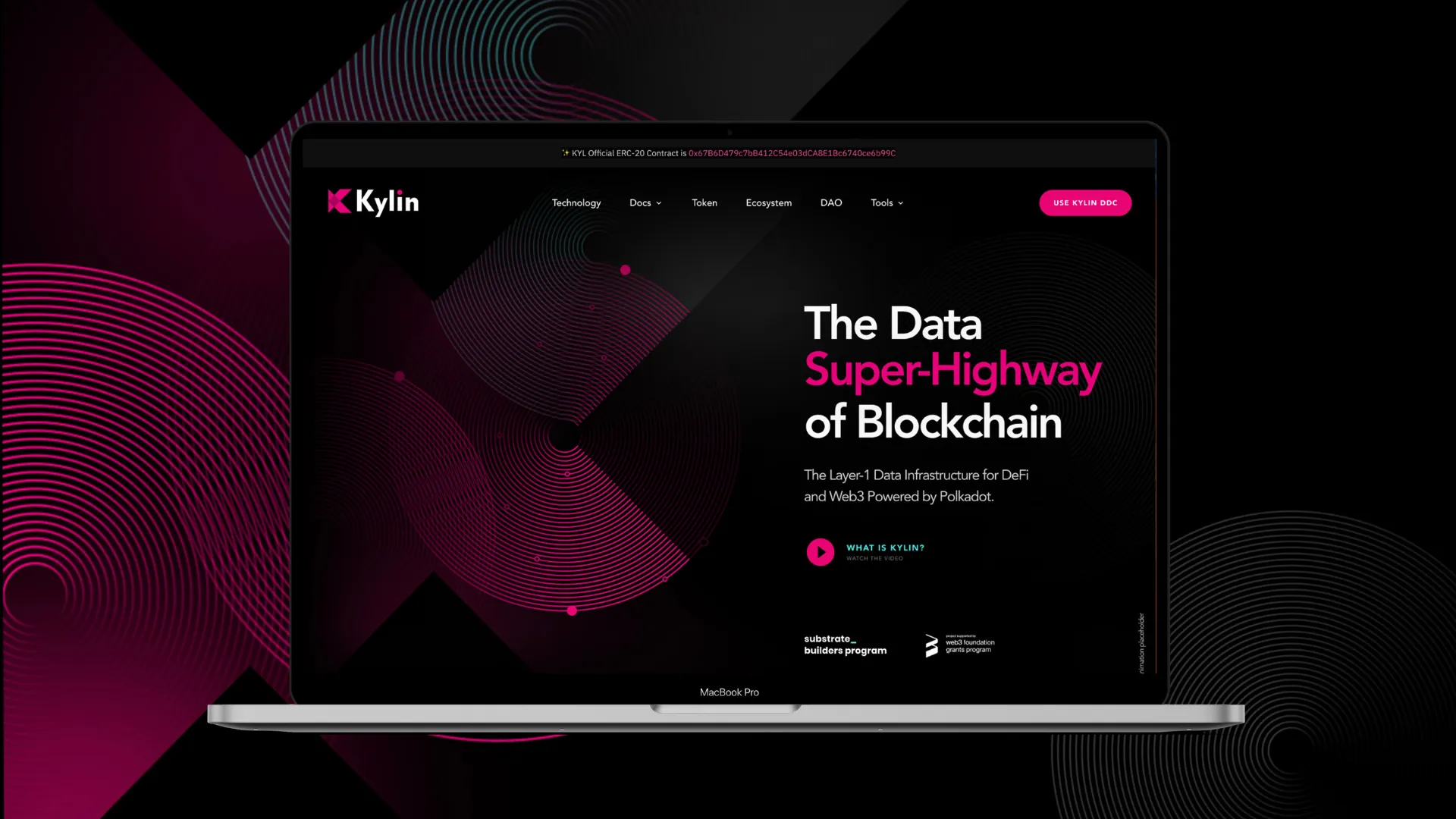 Site web Kylin, infrastructure blockchain, présenté sur ordinateur portable – design web Aduxio